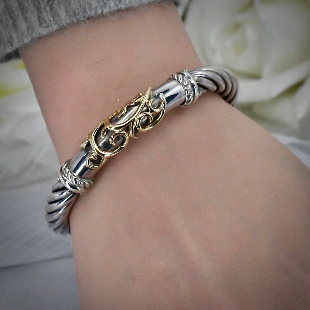 Vintage Italy 925 Sterling Silver 18K Yellow Gold Cable Scroll Hinged Bangle 32g